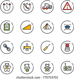 line vector icon set - alarm clock vector, phone, fork loader, traffic light road sign, clipboard, stairs, tent, fingerprint scanner, link, milling cutter, awl, pyramid toy, bear, radio