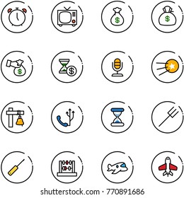 line vector icon set - alarm clock vector, tv, money bag, encashment, account history, microphone, first satellite, ship bell, phone, sand, farm fork, awl, abacus, plane toy