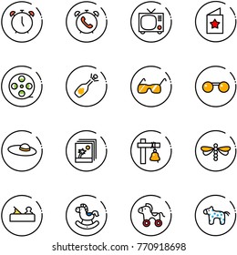 line vector icon set - alarm clock vector, phone, tv, star postcard, film coil, fizz opening, sunglasses, woman hat, photo, ship bell, dragonfly, jointer, rocking horse, wheel, toy
