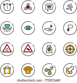 line vector icon set - alarm clock vector, holly, bow message, run, heart care, eye, drop hand, ruble, round motion road sign, multi lane traffic, money bag, target, pennant, shell, scissors