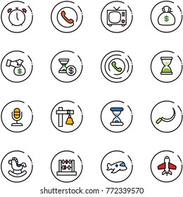 line vector icon set - alarm clock vector, phone, tv, money bag, encashment, account history, horn, sand, microphone, ship bell, sickle, rocking horse, abacus, plane toy