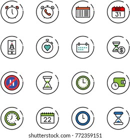 line vector icon set - alarm clock vector, phone, schedule, 31 dec calendar, christmas mobile, stopwatch heart, account history, no parking even road sign, sand, time, wallet, around