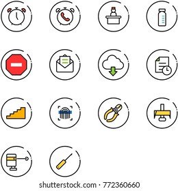 line vector icon set - alarm clock vector, phone, recieptionist, vial, no way road sign, opened mail, download cloud, history, stairs, fingerprint scanner, side cutters, milling cutter, laser lever