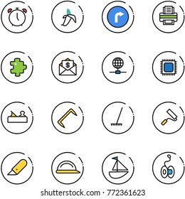 line vector icon set - alarm clock vector, banana, only right road sign, printer, puzzle, mail dollar, globe, cpu, jointer, staple, rake, paint roller, work knife, construction helmet, sailboat toy