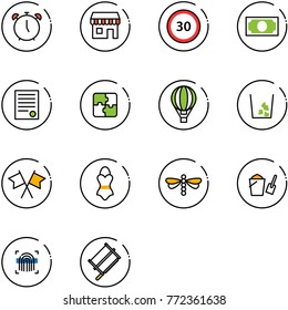 line vector icon set - alarm clock vector, duty free, speed limit 30 road sign, money, agreement, puzzle, air balloon, garbage, flags cross, swimsuit, dragonfly, bucket scoop, fingerprint scanner