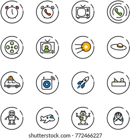 line vector icon set - alarm clock vector, phone, tv, horn, film coil, news, first satellite, woman hat, car baggage, wireless speaker, rocket, jointer, robot, plane toy, russian doll