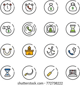 line vector icon set - alarm clock vector, phone, money bag, encashment, horn, tv news, sand, luck, fort, anchor, sickle, awl, abacus