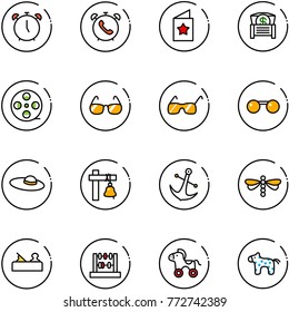 line vector icon set - alarm clock vector, phone, star postcard, money chest, film coil, sunglasses, woman hat, ship bell, anchor, dragonfly, jointer, abacus, wheel horse, toy