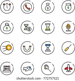 line vector icon set - alarm clock vector, phone, money bag, account history, sand, microphone, first satellite, luck, awl, abacus, plane toy, horse stick