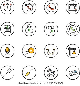 line vector icon set - alarm clock vector, phone, tv, money chest, bag, encashment, horn, microphone, first satellite, luck, ship bell, farm fork, awl, rocking horse, plane toy