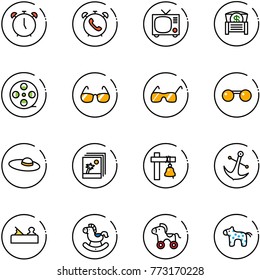 line vector icon set - alarm clock vector, phone, tv, money chest, film coil, sunglasses, woman hat, photo, ship bell, anchor, jointer, rocking horse, wheel, toy