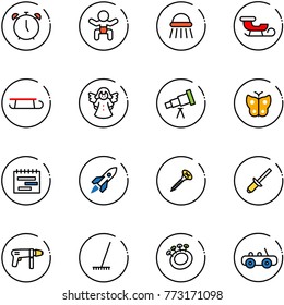 line vector icon set - alarm clock vector, baby, shower, sleigh, angel, telescope, butterfly, terms plan, rocket, screw, clinch, drill machine, rake, beanbag, toy car