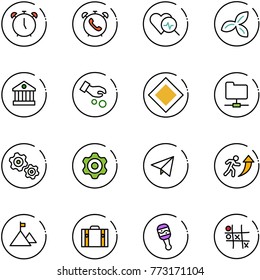 line vector icon set - alarm clock vector, phone, heart diagnosis, three leafs, bank, investment, main road sign, network folder, gears, gear, paper fly, career, mountain, suitcase, beanbag