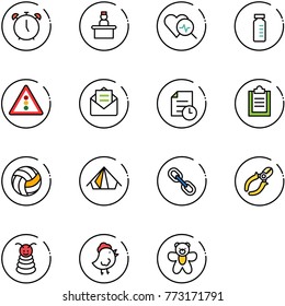 line vector icon set - alarm clock vector, recieptionist, heart diagnosis, vial, traffic light road sign, opened mail, history, clipboard, volleyball, tent, link, side cutters, pyramid toy, chicken