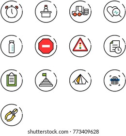 line vector icon set - alarm clock vector, recieptionist, fork loader, heart diagnosis, vial, no way road sign, traffic light, history, clipboard, pyramid flag, tent, fingerprint scanner