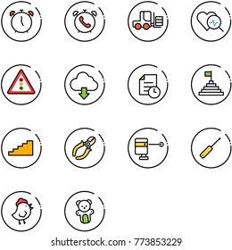 line vector icon set - alarm clock vector, phone, fork loader, heart diagnosis, traffic light road sign, download cloud, history, pyramid flag, stairs, side cutters, laser lever, awl, chicken toy