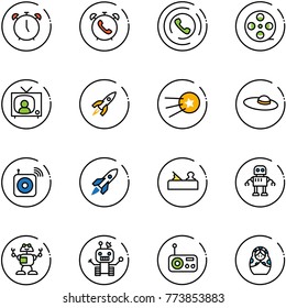 line vector icon set - alarm clock vector, phone, horn, film coil, tv news, rocket, first satellite, woman hat, wireless speaker, jointer, robot, radio, russian doll