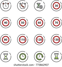 line vector icon set - alarm clock vector, phone, account history, speed limit 30 road sign, 40, 50, 60, 70, 80, 110, 120, 130, sand, time, around