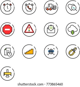 line vector icon set - alarm clock vector, phone, fork loader, heart diagnosis, no way road sign, traffic light, opened mail, download cloud, history, stairs, fingerprint scanner, side cutters