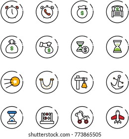 line vector icon set - alarm clock vector, phone, money bag, chest, encashment, account history, sand, first satellite, luck, ship bell, anchor, abacus, wheel horse, toy plane