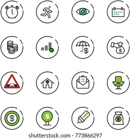 line vector icon set - alarm clock vector, run, eye, schedule, coin, insurance, encashment, drawbridge road sign, home, opened mail, office chair, dollar, money tree, highlight marker, bag