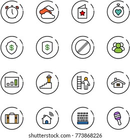 line vector icon set - alarm clock vector, clouds, star postcard, stopwatch heart, safe, no limit road sign, group, statistics, success, opportunity, home, suitcase, wireless, binary code, beanbag