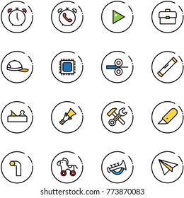 line vector icon set - alarm clock vector, phone, play, portfolio, cap, cpu, steel rolling, level, jointer, dowel, wrench hammer, work knife, allen key, wheel horse, horn toy, paper plane