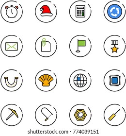 line vector icon set - alarm clock vector, christmas hat, calculator, circle road sign, mail, attachment, flag, star medal, luck, shell, globe, cpu, axe, fretsaw, nut, awl