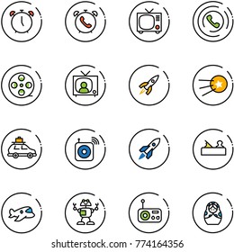line vector icon set - alarm clock vector, phone, tv, horn, film coil, news, rocket, first satellite, car baggage, wireless speaker, jointer, plane toy, robot, radio, russian doll