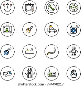 line vector icon set - alarm clock vector, tv, phone horn, film coil, news, rocket, car baggage, wireless speaker, jointer, sickle, robot, plane toy, radio, russian doll