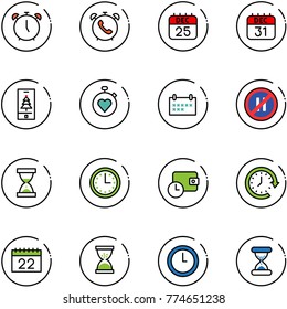 line vector icon set - alarm clock vector, phone, 25 dec calendar, 31, christmas mobile, stopwatch heart, schedule, no parking even road sign, sand, time, wallet, around