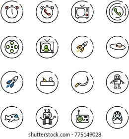 line vector icon set - alarm clock vector, phone, tv, horn, film coil, news, rocket, woman hat, jointer, sickle, robot, plane toy, radio, russian doll