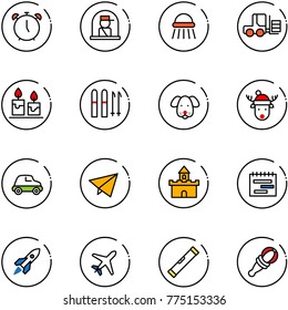line vector icon set - alarm clock vector, officer window, shower, fork loader, candle, ski, dog, christmas deer hat, car, paper fly, sand fort, terms plan, rocket, plane, level, beanbag