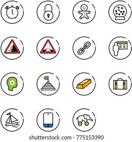 line vector icon set - alarm clock vector, lock, cake man, snowball, landslide road sign, drawbridge, link, presentation, brain work, pyramid flag, gold, suitcase, sail boat, mobile phone