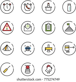 line vector icon set - alarm clock vector, phone, recieptionist, vial, traffic light road sign, opened mail, clipboard, pyramid flag, tent, fingerprint scanner, milling cutter, laser lever, awl, toy