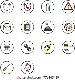 line vector icon set - alarm clock vector, phone, vial, traffic light road sign, opened mail, clipboard, pyramid flag, volleyball, fingerprint scanner, link, side cutters, laser lever, awl