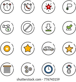 line vector icon set - alarm clock vector, phone, christmas star, ruble, encashment, no limit road sign, download, check, medal, limousine, starfish, jalousie, flower, beanbag