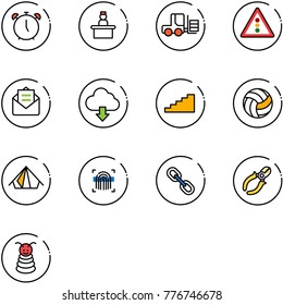 line vector icon set - alarm clock vector, recieptionist, fork loader, traffic light road sign, opened mail, download cloud, stairs, volleyball, tent, fingerprint scanner, link, side cutters