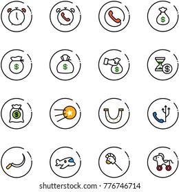line vector icon set - alarm clock vector, phone, money bag, encashment, account history, first satellite, luck, sickle, plane toy, horse stick, wheel