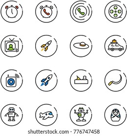 line vector icon set - alarm clock vector, phone, horn, film coil, tv news, rocket, woman hat, car baggage, wireless speaker, jointer, sickle, robot, plane toy, russian doll