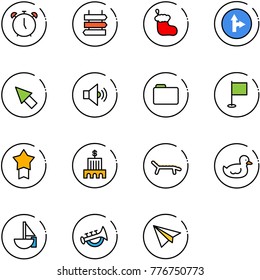 line vector icon set - alarm clock vector, sign post, christmas sock, only forward right road, cursor, volume medium, folder, flag, star medal, bank building, lounger, duck toy, sailboat, horn