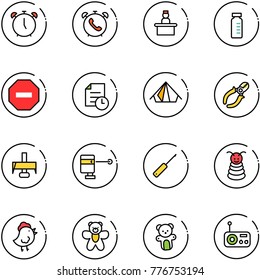 line vector icon set - alarm clock vector, phone, recieptionist, vial, no way road sign, history, tent, side cutters, milling cutter, laser lever, awl, pyramid toy, chicken, bear, radio