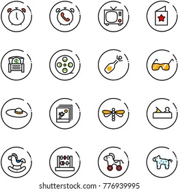 line vector icon set - alarm clock vector, phone, tv, star postcard, money chest, film coil, fizz opening, sunglasses, woman hat, photo, dragonfly, jointer, rocking horse, abacus, wheel, toy