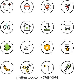 line vector icon set - alarm clock vector, shower, sun, holly, lungs, home, download, cart, puzzle, key, star medal, banana, scissors, allen, beanbag