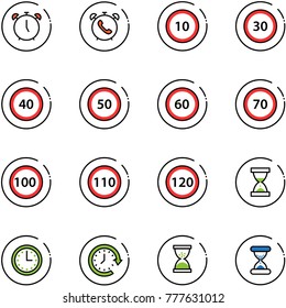 line vector icon set - alarm clock vector, phone, speed limit 10 road sign, 30, 40, 50, 60, 70, 100, 110, 120, sand, time, around