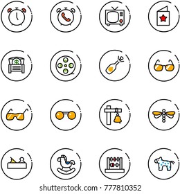 line vector icon set - alarm clock vector, phone, tv, star postcard, money chest, film coil, fizz opening, sunglasses, ship bell, dragonfly, jointer, rocking horse, abacus, toy
