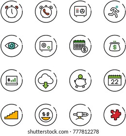 line vector icon set - alarm clock vector, phone, safe, run, eye, calendar, purse, account statistics, download cloud, piggy bank, stairs, money smile, pipe welding, puzzle
