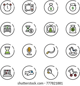 line vector icon set - alarm clock vector, tv, money bag, chest, account history, news, sand, microphone, sickle, rocking horse, abacus, plane toy, stick, wheel