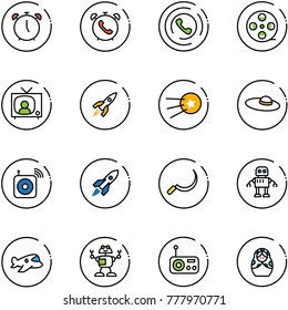 line vector icon set - alarm clock vector, phone, horn, film coil, tv news, rocket, first satellite, woman hat, wireless speaker, sickle, robot, plane toy, radio, russian doll
