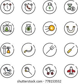 line vector icon set - alarm clock vector, phone, money bag, account history, tv news, first satellite, luck, ship bell, sickle, farm fork, awl, rocking horse, stick toy, wheel, plane